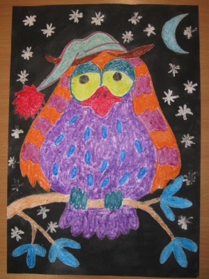 Barevná sova - vosk. pastely a vod. barvy